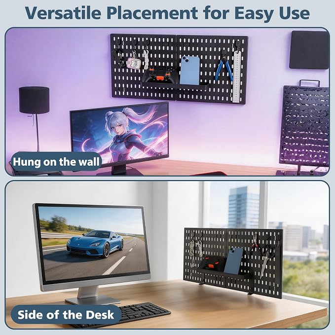 Gaming Desk Organizer Clamp-on Pegboard No Drill Storage | clamp-on desk pegboard organizer, no drill installation, 23x12 inch panel, hooks and tray, headphone controller - Image 2