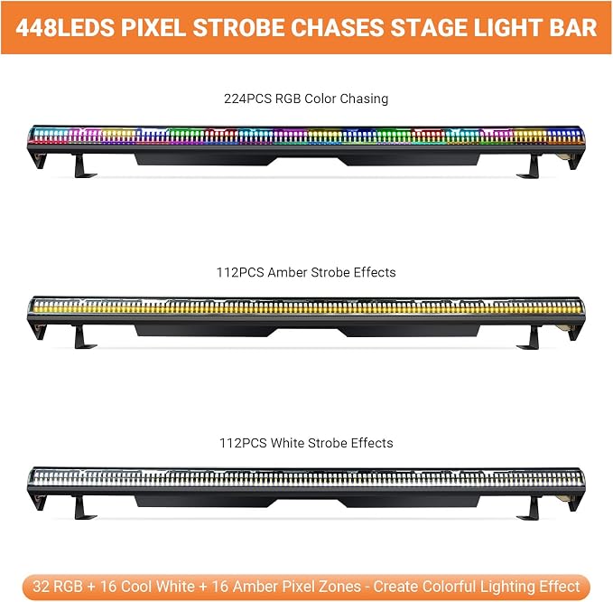 240W Stage Wash Light Bar - 448LEDs RGBWA DMX Light Bar by DMX Master-Slave Control 32 RGB & 12 White & 12 Amber Zones Chase Effects for Wedding Concert Music DJ Live Halloween Event Performance - Image 3