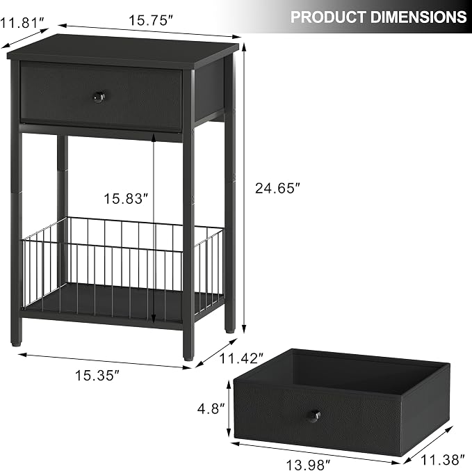 Nightstands Set of 2 with PU Leather Front Drawer, 3-Tier End Table with Bottom Mesh Basket, Industrial Bedside Tables for Bedroom, Black - Image 3