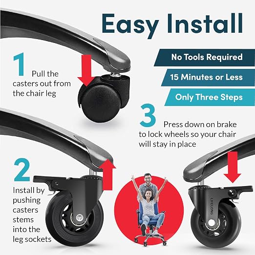 Lifelong Brake Office Chair Wheels Replacement, Heavy Duty, Black, 5-Pack | Original Rubber Caster, Desk Wheels, Smooth & Quiet, Safe for Hardwood Floors & Carpet, Replace Office Chair Mats, Fits 98% - Image 3