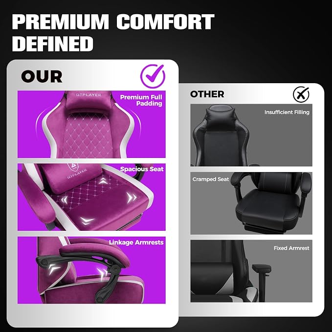 GTPLAYER Gaming Chair, Ergonomic Computer Chair with Footrest and Lumbar Support, High Back Recliner Chair 350lbs, Height Adjustable for Home Office, Purple - Image 7