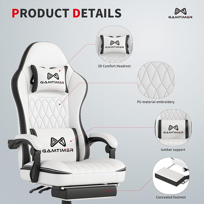 Gamtimer Gaming Chair with Footrest, Ergonomic Computer Chair, PU Breathable Material with Headrest and Lumbar Support, Suitable for Silla Gamer and Adults (White) - Image 4