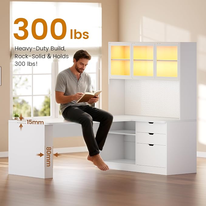 SEDETA L Shaped Corner Gaming Desk with 3 Wood Drawer and Large Bookshelf | L Shaped Computer Desk with LED Light, Display Cabinet and Pegboard for Home Office, 27.5" W Large Desktop Table, White - Image 9
