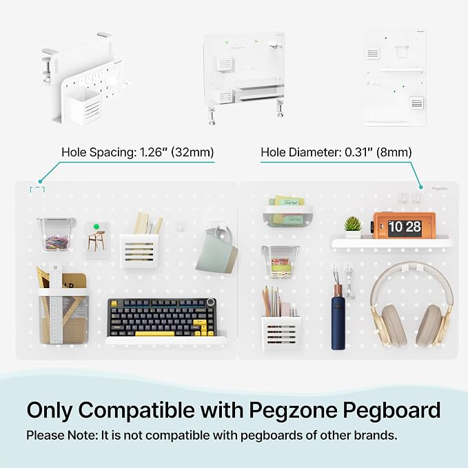 8 PCS Pegboard Accessories Organizer Kit, White | Including 2 Headphone Holder, 1 Pen Cup & 5 Hooks, for Pegzone Metal Pegboard only - Image 2