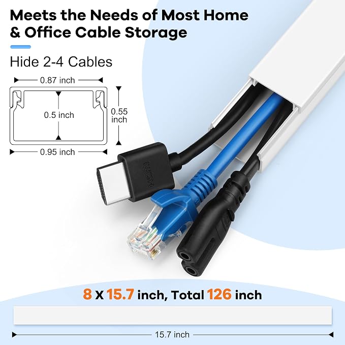 126in Cord Hider Kit, TV Wire Covers for Wall, Paintable Cable Management Kit, Cable Cover for Mounted TV, Hide Wires Along Wall, Brown Cord Cover, 8xL15.7in W0.95in H0.55in - Image 2