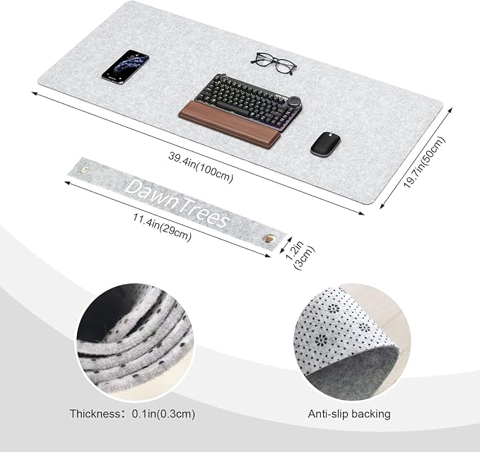 DAWNTREES Large Felt Desk Mat,39.4''x19.69'' Full Keyboard and Mouse Pad | Non-Slip Computer Desk Mat for Home and Office,100x50CM Felt Desk Pad Protector (Light Gray) - Image 2