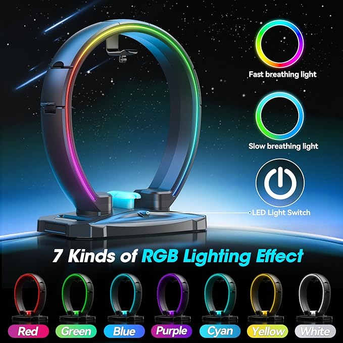 KDD RGB Headphone & Controller Stand with 9 Light Modes - Foldable Controller Hanger for Desk - Earphone Stand with Cable Organizer - for Gamers Desktop Accessories - Image 3