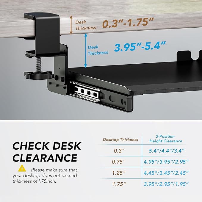 AX WABER Keyboard Tray Under Desk Pull Out with Extra Sturdy Adjustable C Clamp Mount System, 27.3 (32.5 inch Including Clamps) x 11 Inch Slide-Out Platform Computer Drawer for Typing, Black,AX01WB01 - Image 4