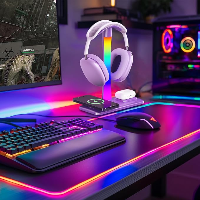 Headphone Stand with Wireless Charger,Gaming Headset stand with RGB Light,For Airpod Max Stand Compatible with Airpod Pro/3/2,For iPhone 17/16/15/14/13/12/11,Gifts for Gamers & Music Lover (Purple) - Image 7