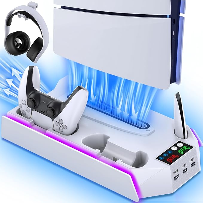 Slim Cooling Station Stand LED with Dual Controller Charging Station for PlayStation 5 Console, PS 5 Accessories Incl. Controller Charger, Cooling Fan, Headset Holder, 3 USB Hub- LED White by Unknown