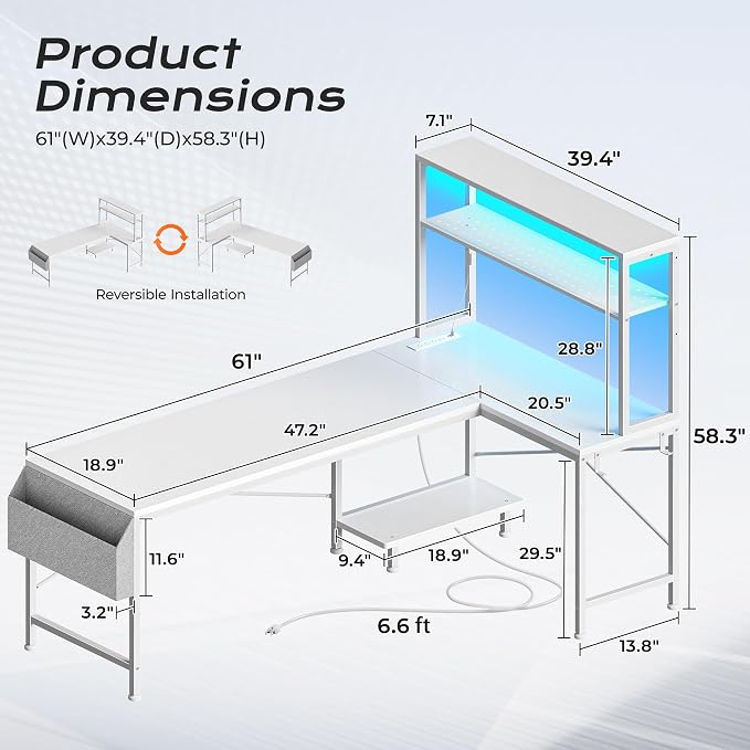 PRAISUN L Shaped Gaming Desk with LED Lights & Power Outlets | Reversible Computer Desk with Storage Shelves & Bag, Large Corner Home Office Desk with Pegboard for Work from Home, White - Image 2