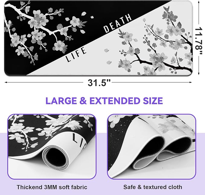 DIGSOM Mouse Pad Black and White Cherry Blossom Pattern, 31.5 x 11.8in | XL Mouse mat, Smooth surface, Anti-slip rubber base, For keyboard and mouse, For home and office use - Image 2