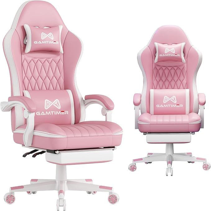Gamtimer Gaming Chair with Footrest, Ergonomic Computer Chair, PU Breathable Material with Headrest and Lumbar Support, Suitable for Silla Gamer and Adults(Pink) by GAMTIMERBrandHome