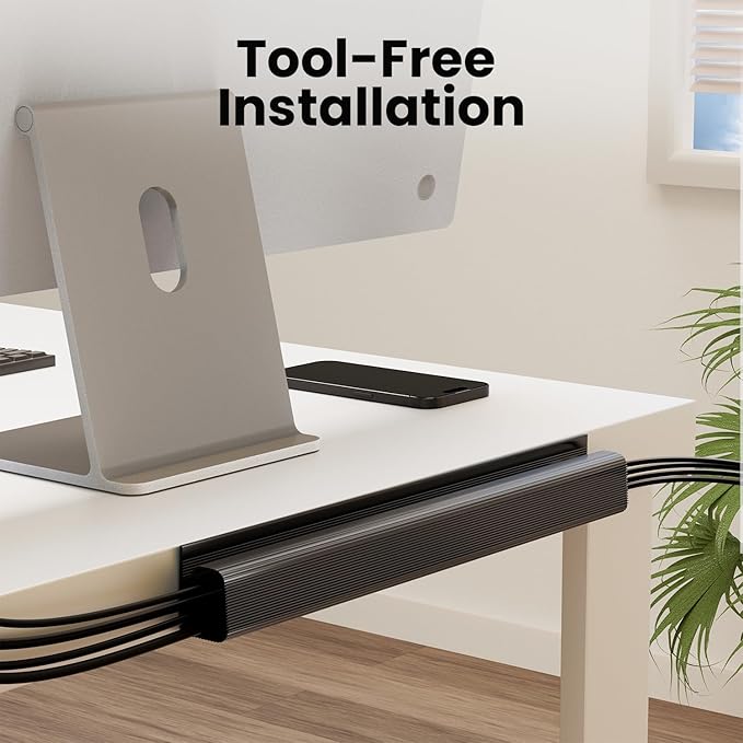 EVEO Cable Management Under Desk Kit (12 Units) - Under Desk Cable Management Cord Hider, Cable Hider Cord Management, Cable Organizer, Cord Organizer Tray - 192'' J Channel (12X16) - Black - Image 3