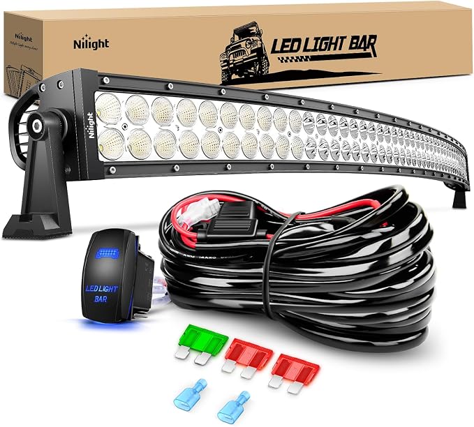 Nilight 50Inch 288W Curved Spot Flood Combo Led Light Bar Off Road Driving Lights Boat Lights Fog Light 12V On/Off 5 Pin Rocker Switch Power 12AWG Wiring Harness Kit-1 Lead for Trucks,2 Years Warranty by Nilight