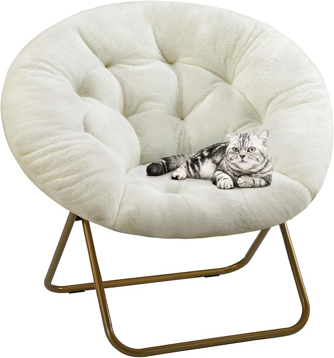 DUMOS Faux Fur Saucer Chair, Foldable Comfy Chair for Bedroom, White | Lounge XL Moon Mushroom Style, Circle Round Oversized Accent Seat, Gaming Dorm Small Spaces, Comfortable Modern by DumosLifestyle