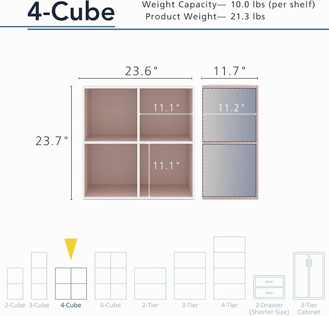 Homes: Inside + Out Apexa 4-Cube Storage Organizer Shelves, Stackable Wood Bookcase Fits Cubby Bins for Organization, Dorm Teen Room Decor & Home Office, Light Pink - Image 3