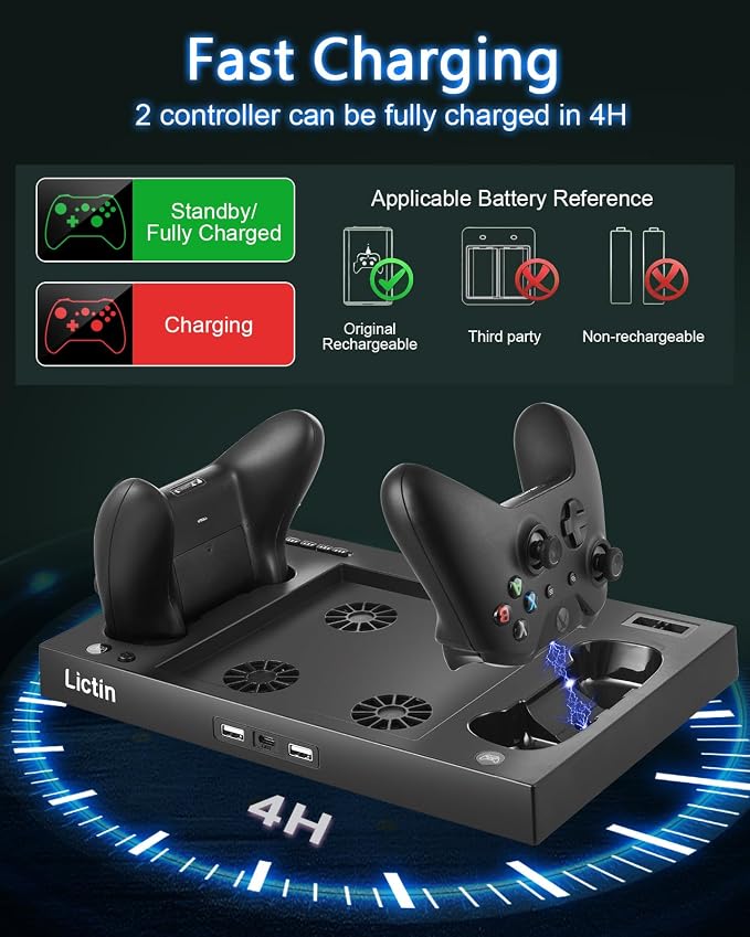 Lictin Cooling Fan Charging Station for Xbox Series X Console & Controller | Upgraded 4 Cooler Fan System Stand, Vertical Dual Charger Station Dock Accessories with 2 x 1400mAh Rechargeable Battery - Image 4