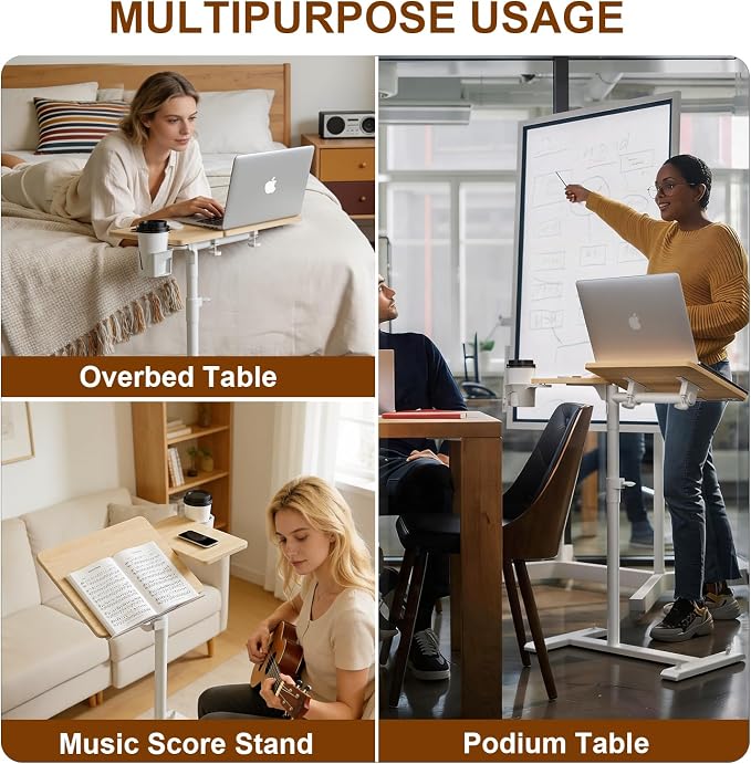 Aothia Small Standing Desk Rolling Table Adjustable Height, Laptop Mobile Stand with Wheels, Overbed Table, Portable Computer Workstation with Tiltable Desktop for Teacher Classroom Home Office, Oak - Image 9