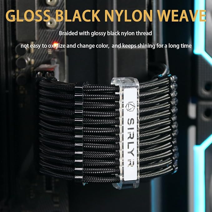 Sirlyr PSU Cable Extension Kit – 16AWG Power Supply Cables (1x 24Pin ATX / 2X 8Pin EPS / 3X 8Pin PCIE), 13in Gold-Plated GPU Extensions, Pre-Bent Design & Dual Cable Combs (Black Nylon Braided) - Image 6