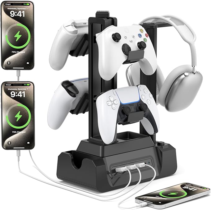 KDD Charging Station for Multiple Devices - 4 Ports Charging Dock with Controller and Headset Stand - 3 USB A & 1 USB C for Cellphone Tablet and Other Electronic - Multi Storage for Gaming Accessories by KDD