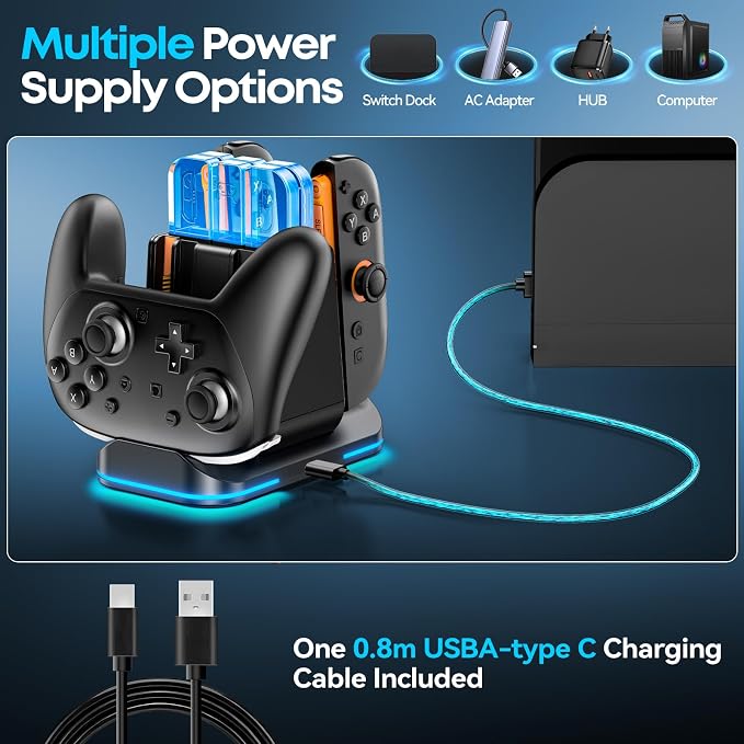 Switch 2/1 Compatible Controller Charging Dock, 6-in-1 Charger Station for 4 Joy-Cons & 2 Pro Controllers, 9 RGB Modes Fast Charging Stand for Switch 2 Accessories, with LED Indicator - Image 7