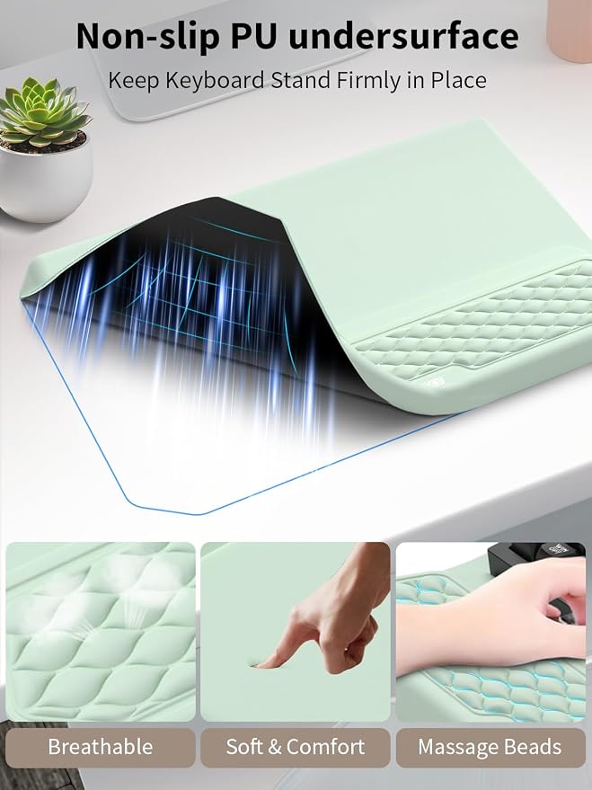 3-in-1 Ergonomic Keyboard Stand with Wrist Rest & Mouse Pad Set,Light Green | Comfy Keyboard Riser Holder Soft Mousepad with Massage Design, Memory Foam and Non-Slip PU Base for Pain Relief - Image 5