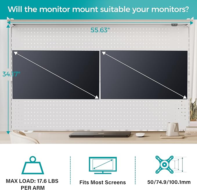 EUREKA ERGONOMIC Desk Pegboard Dual Monitor Stand 59x34 White | Large steel pegboard with dual monitor stands, LED lighting, privacy panel and modular accessories for gaming desks - Image 9