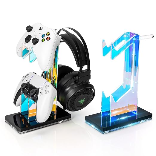OAPRIRE RGB Controller and Headset Stand with 21 Light Modes, 2 Tier | Acrylic Game Controller Stand for Desk, Stabilized Base, Gamer Gift for PS5 PS4 Xbox Controllers, Desk Accessories, Black by OAPRIRE