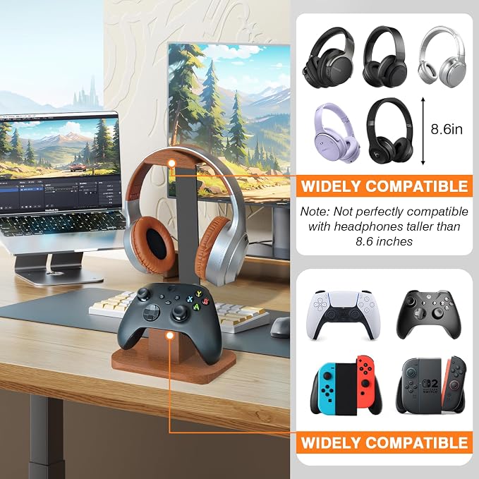 Walnut Headphone and Controller Stand, Desk Gaming Equipment Wooden Headset Controller Holder, Earphone Hook for Game Room Desktop PC Accessories, Gamer Gifts - Image 5