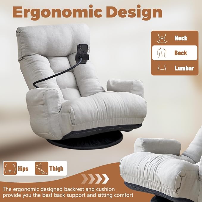 360° Swivel Floor Gaming Chair Linen Folding Lounge Sofa Chair with Adjustable Head and Waist, Armrests & Phone Holder, Padded Cushion Leisure Chairs for Living Room Bedroom (Grey) - Image 6