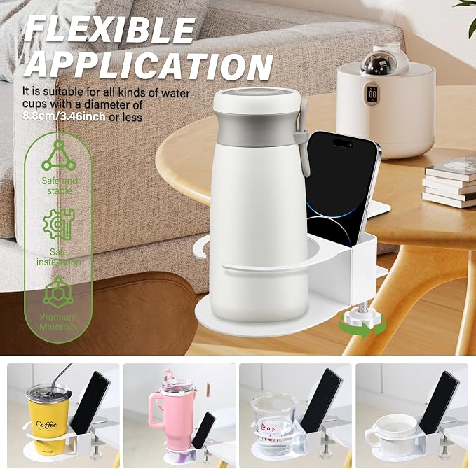 Desk Cup Holder for Coffee Mugs, Tumblers, Water Bottles with Mobile Phone Stand, Anti-Spill Metal School Home Office Accessories (White-1) - Image 4