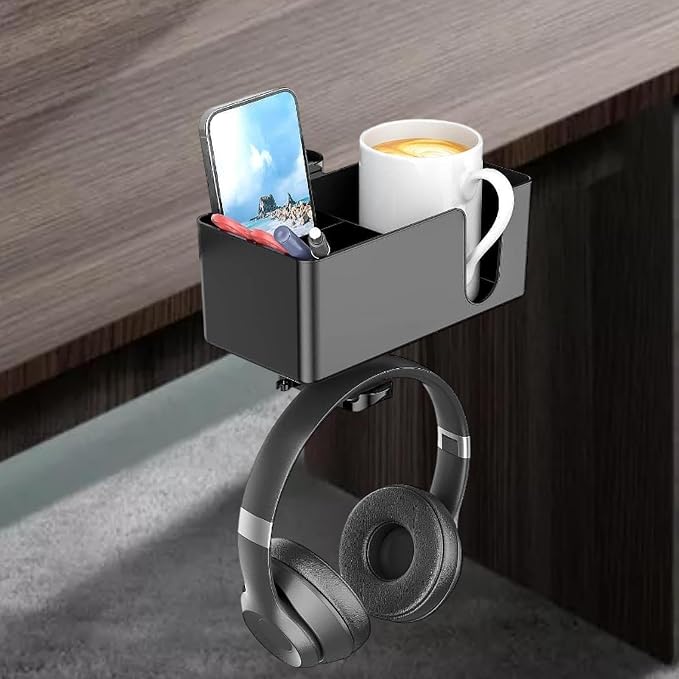 4 in 1 Desk Cup Holder,Desktop Unit Clamp on with Headphone Hanger and Storage Space, Black - Image 5
