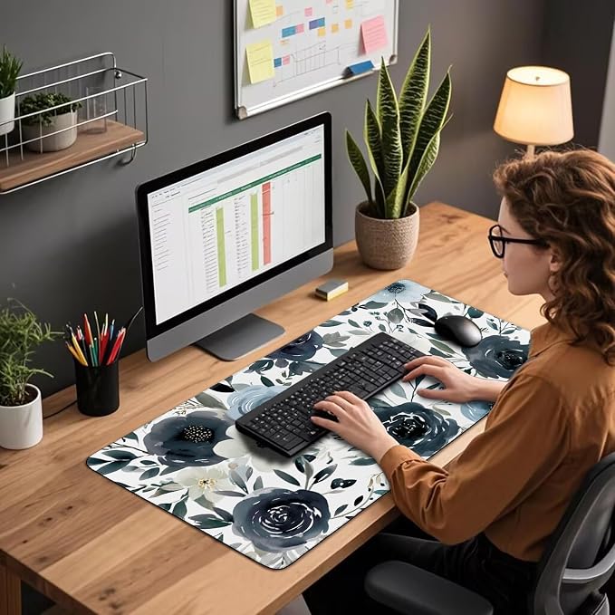 Navy Blue White Floral Large Gaming Mouse Pad Desk Mat 31.5x15.7 | Extended Mousepad, Non-Slip Rubber Base , Stitched Edges, for Computer/Laptop/Office/Home - Image 3