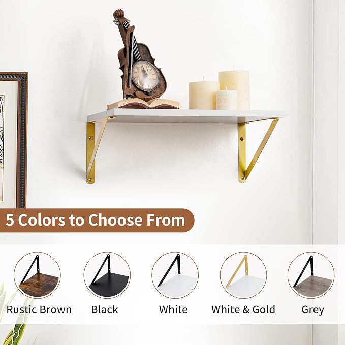 Axeman Deep Floating Shelves for Wall, 12 Inch Deep White and Gold Shelves Set of 2, 16W x 12D White Wood Wall Shelves with Golden Brackets for Bedroom Bathroom Living Room Kitchen - White & Gold - Image 6