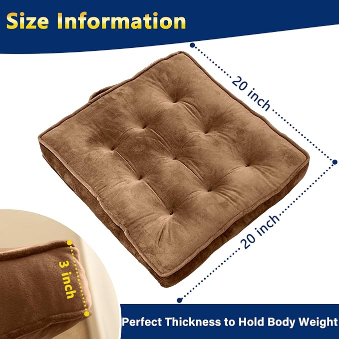 1 MIDDLE ONE Floor Pillow Set of 2, Memory Foam Meditation Cushion, Floor Cushions for Adults Sitting, Large Square Seat Cushions for Yoga, Couch, Sofa, Kids, Living Room, 20x20 Inch (Brown) - Image 7