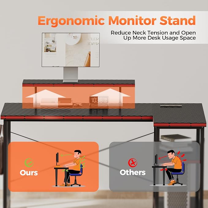 Mericonia 55 in L Shaped Gaming Desk, Large Corner Desk with Monitor Stand | Reversible Computer Desk with Power Outlets, LED Light & Storage Shelves, Office Table for Home Bedroom Study Work Writing - Image 4