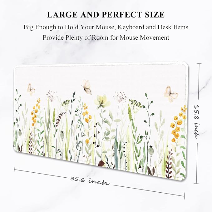 Auhoahsil Desk Pad, XXL Large Mouse Pad, Extended Gaming Mousepad, Cute Desk Mat for Women, Big Office Accessories Mouse Pad for Computer Keyboard and Laptop, 35.6" x 15.7", White Wildflower Butterfly - Image 2