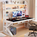 Gaming Desk with Pegboard and Storage Shelves,Tempered Glass Computer Desk Workspace,Modern Writing Study Table Gaming Table with Metal Frame for Home Office(100x60x165cm(39x24x65inch), A) by Unknown