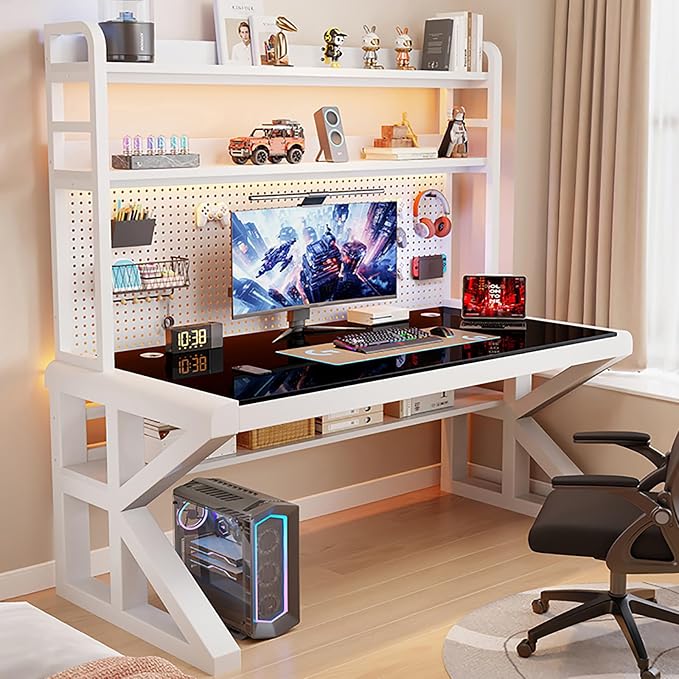 Gaming Desk with Pegboard and Storage Shelves,Tempered Glass Computer Desk Workspace,Modern Writing Study Table Gaming Table with Metal Frame for Home Office(160x60x165cm(63x24x65inch), A) by Unknown