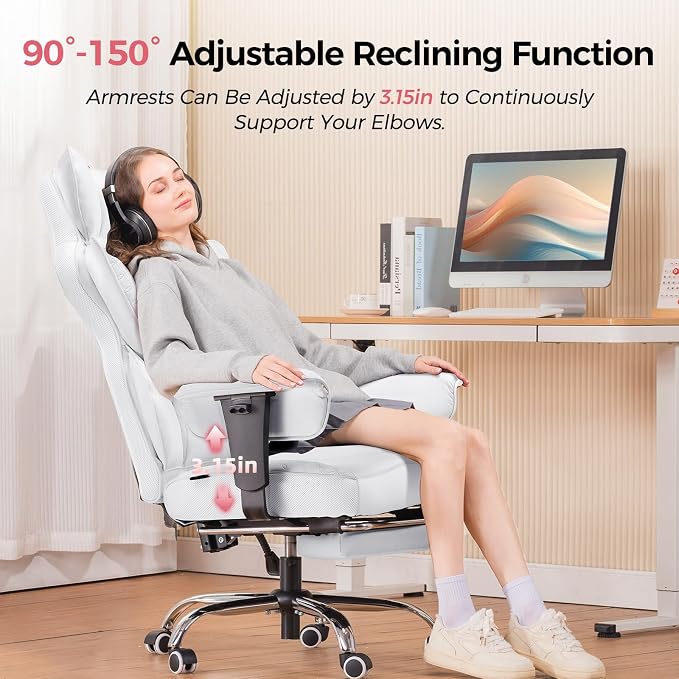 COMHOMA Big and Tall Office Chair Heavy Duty Wide Ergonomic Gaming Chair with Deluxe Embossing Designed Leather with Foot Rest,150°Reclining Adjustable Armrests Pocket Spring Back Support and Pillow - Image 6