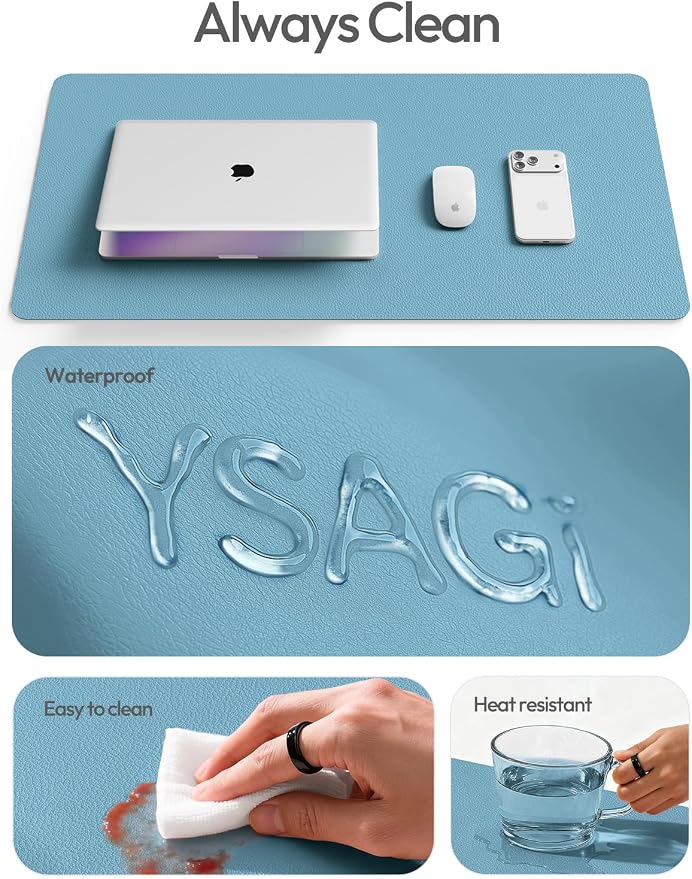 YSAGi Leather Desk Protector, Office Mat, Large Mouse Mat, Non-Slip PU Leather Blotter, Laptop Desk Mat, Waterproof Writing Pad for Office and Home (Sea Blue, 47.2" x 23.6") - Image 7