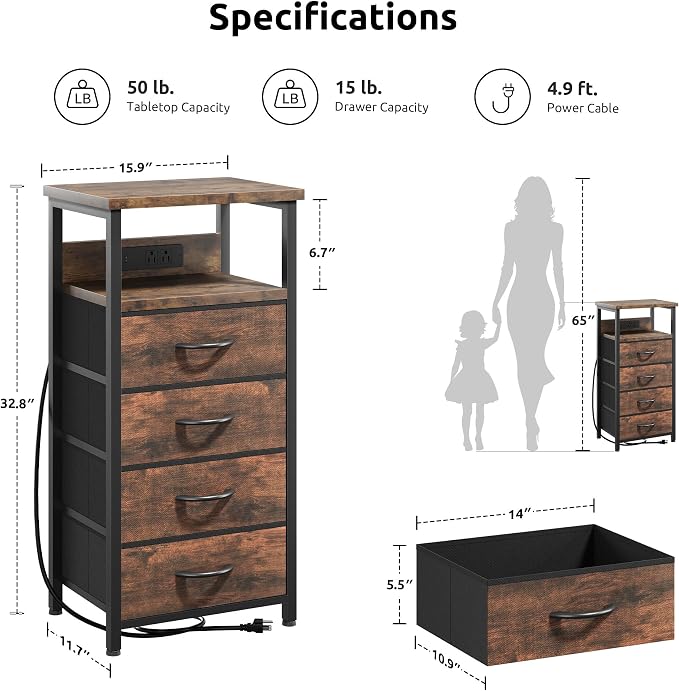 Lazzanto Night Stand with Charger Station, 4 Fabric Drawers, Brown - Image 2