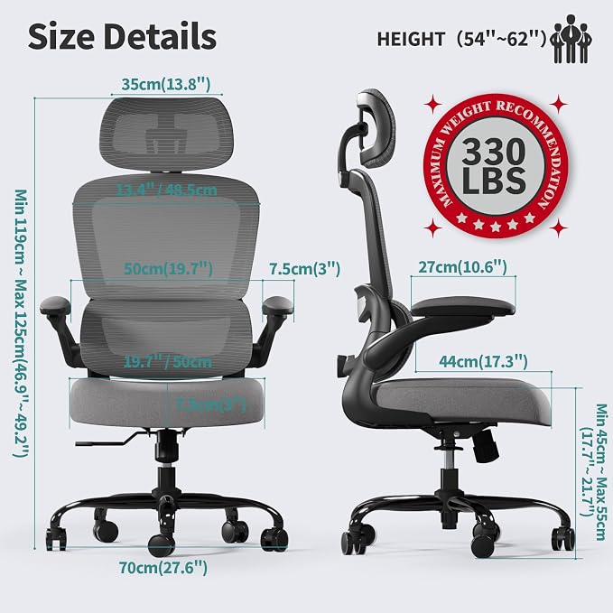 TRALT Office Chair Ergonomic Desk Chair - Gaming Chair with Lumbar Support (1,Dark Grey) | 330 LBS Home Office Desk Chairs with Headrest, Reading Chair with Flip-up Armrests, Comfortable Computer Chairs (1, Grey) - Image 2