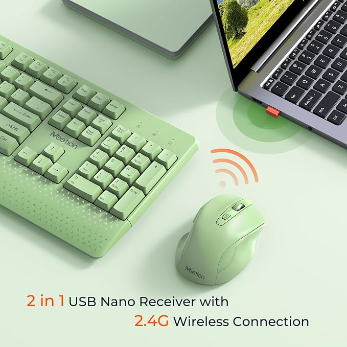 MEETION Wireless Keyboard and Mouse Combo, Full-Size with Wrist Rest, Green - Image 2