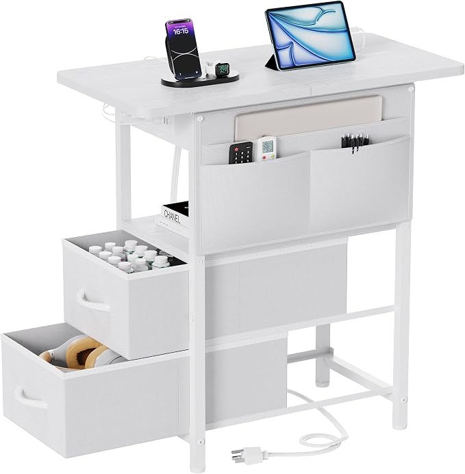 Yenlure Small Side Table with Charging Station, Narrow Nightstand Bedside Tables with Storage Pocket for Living Room Bedroom, Sofa End Table with USB Ports and Power Outlets for Small Spaces by CREATEDFORSMARTHOMES