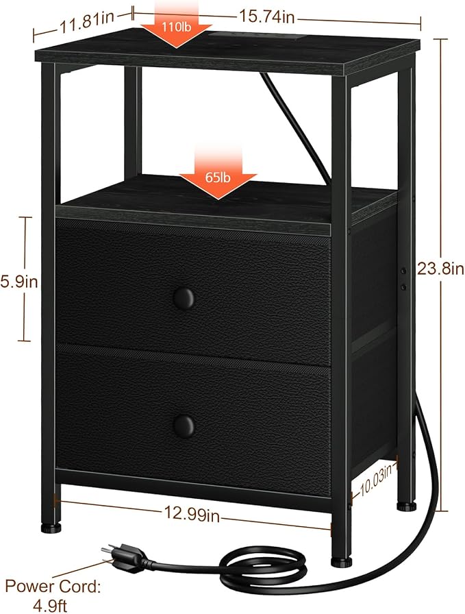 LOAKEKEL Night Stand, Small Nightstand with Charging Station - Image 3