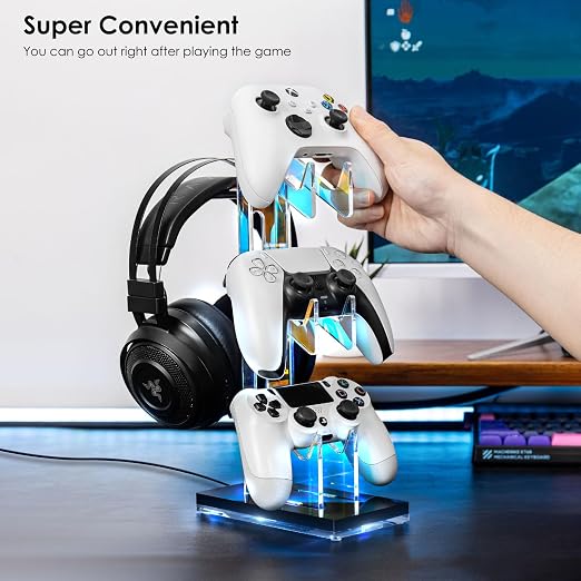 OAPRIRE RGB Controller and Headset Stand with 21 Light Modes, 3 Tier | Acrylic Game Controller Stand for Desk, Stabilized Base, Gamer Gift for PS5 PS4 Xbox Controllers, Desk Accessories, Black - Image 6