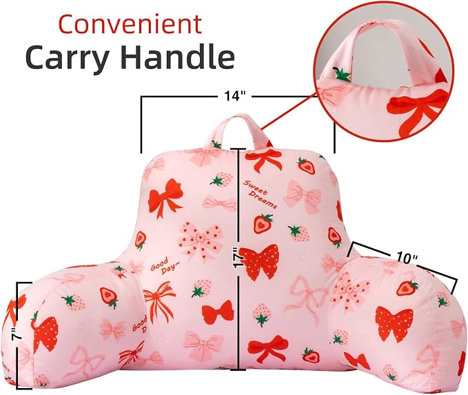 A Nice Night Kids Back Reading Pillow for Reading and Watching TV Bed to Lounge, Cute Ribbon Bowknot Strawberry Printed,with Matching Cushion Cover - Image 2