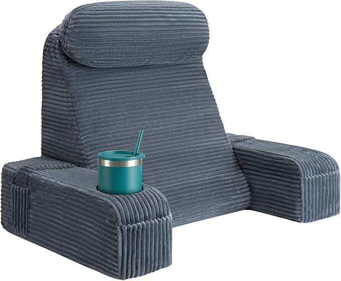 Reading Pillow for Adults, Back Pillow for Bed Sitting Up, Backrest Pillow for Sitting in Bed, Detachable Arms with Built-in Cup & Phone Caddy (Dark Gray-Corduroy, 19 INCH) by ASAWESLING